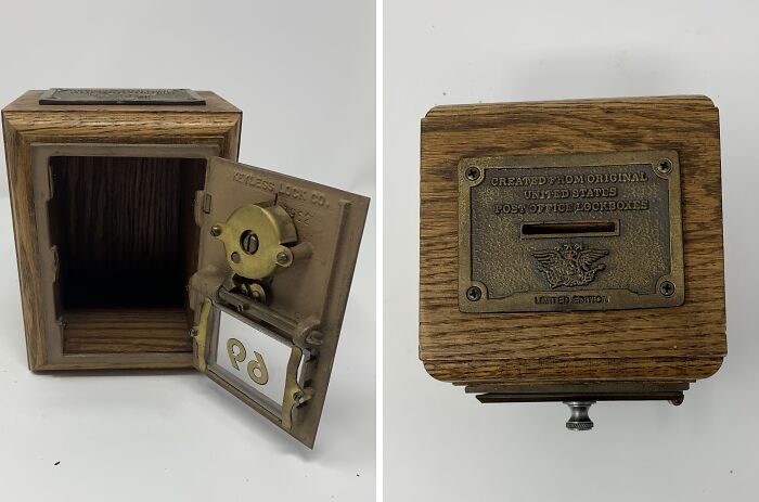 Cool old vintage post office lockbox with intricate design, open on one side, and a commemorative plaque on the other.