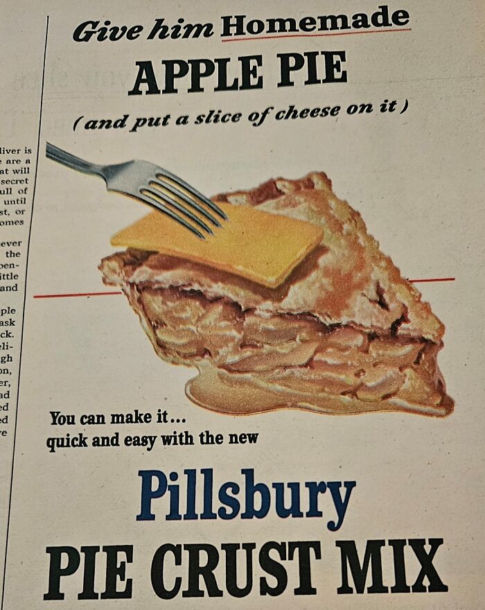 Vintage Pillsbury ad featuring apple pie with cheese, promoting pie crust mix. Cool-Old-Things theme for nostalgic appeal.