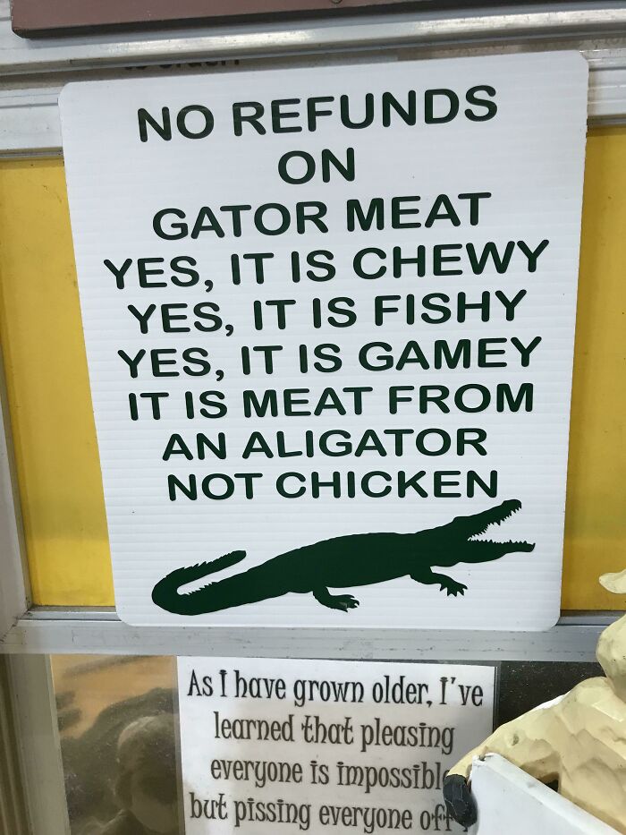 Sign explaining the qualities of gator meat, featuring an alligator silhouette, reflecting Florida-Wild-Moments.