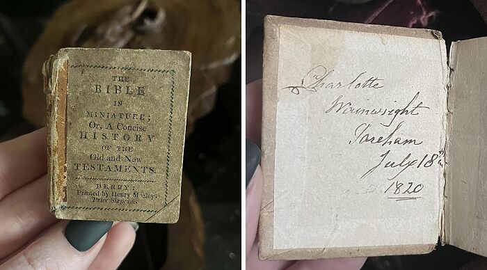 Cool-old-things: A miniature antique Bible from 1812, featuring a handwritten note inside, held by a person with painted nails.