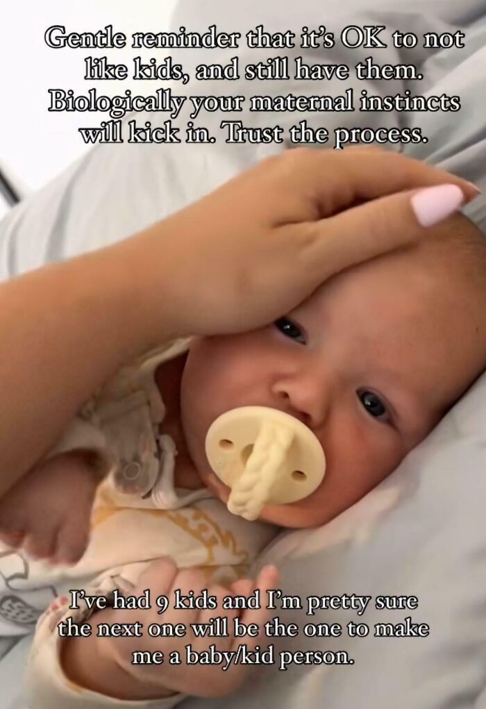 Baby with pacifier and a hand on their head, surrounded by text addressing maternal instincts and parenting opinions.