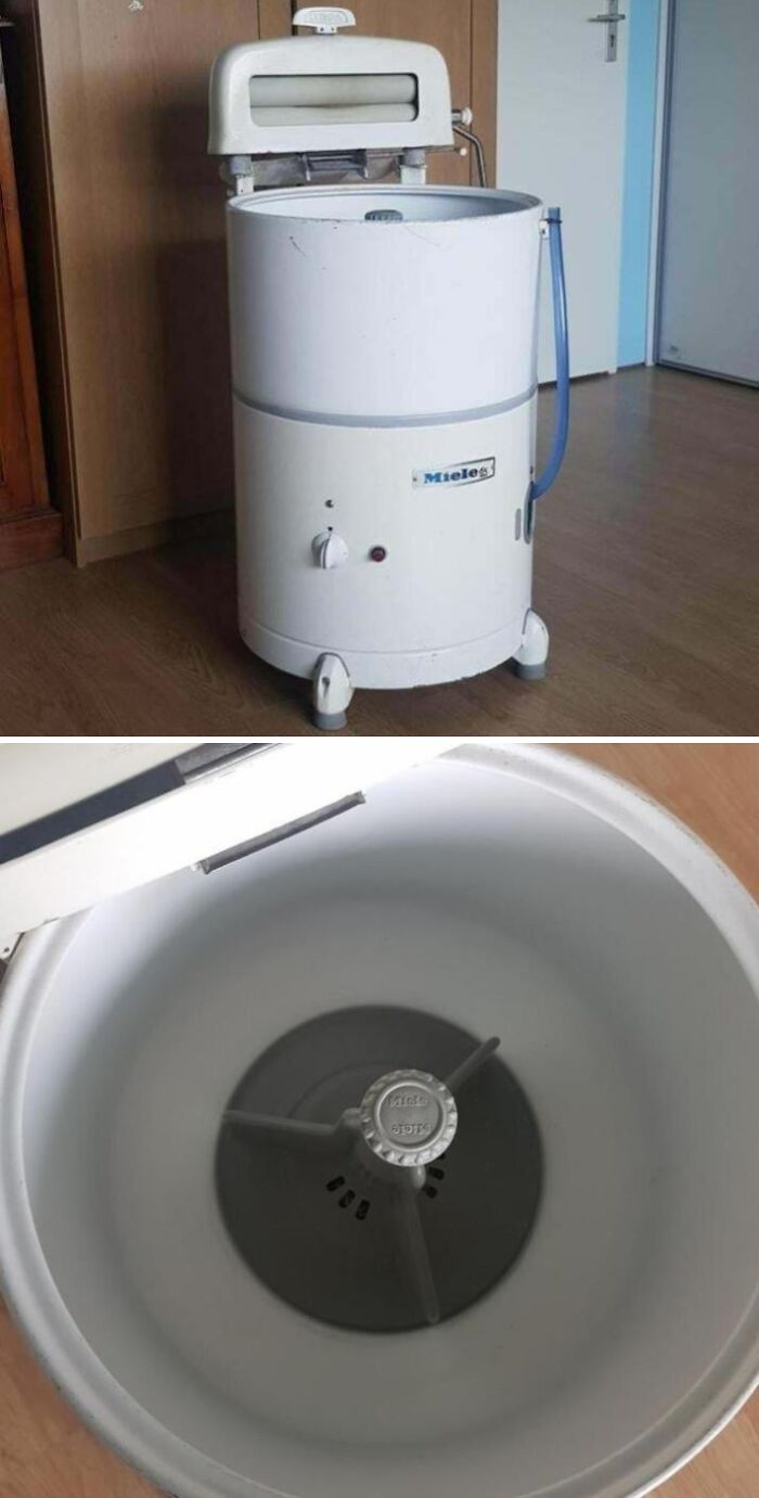 Vintage Miele washing machine with wringer, showing interior drum detail. A great example of cool old things from the past.