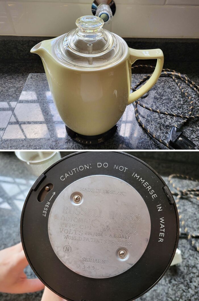 Vintage Russell Hobbs coffee pot with a glass lid on a kitchen counter; a cool-old-thing collectible.