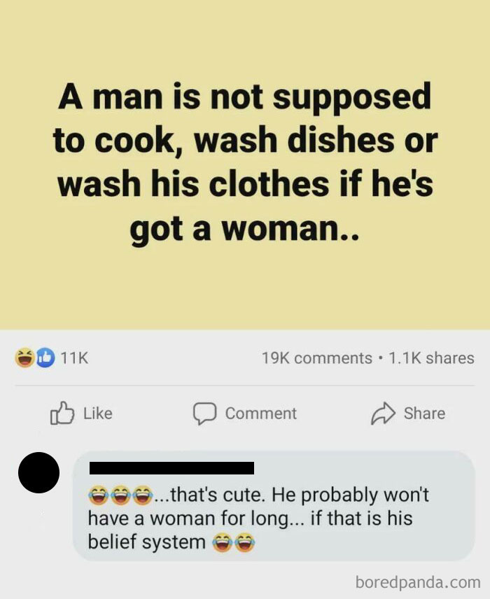 Text post about men's household roles gets a sarcastic reply, highlighting clueless misogyny.