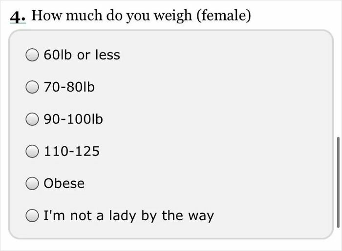 Questionnaire with biased weight categories targeting females, highlighting clueless misogynistic attitudes.