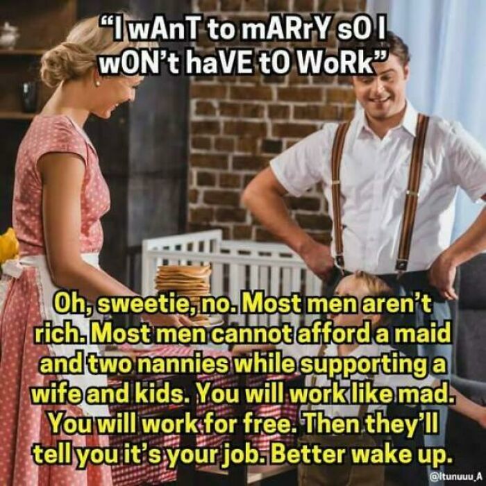 Woman in vintage outfit serving pancakes with a man nearby, discussing misconceptions about gender roles.