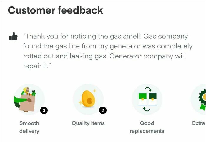 Instacart shoppers' feedback highlighting the detection of a gas leak, praising smooth delivery and quality items.