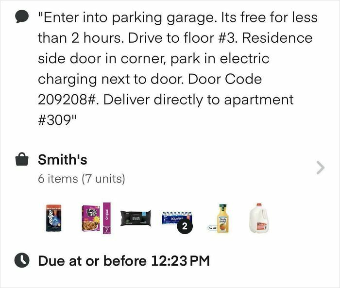 Instacart shopper delivery instructions for Smith’s order with parking and door code details.
