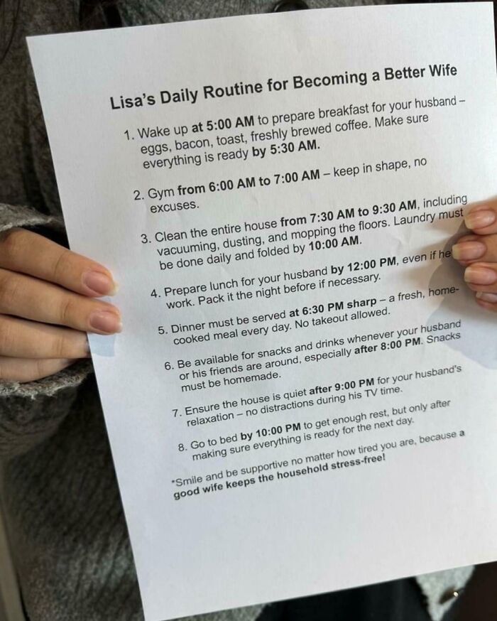 A person holding a note titled "Lisa's Daily Routine for Becoming a Better Wife," listing tasks and times.