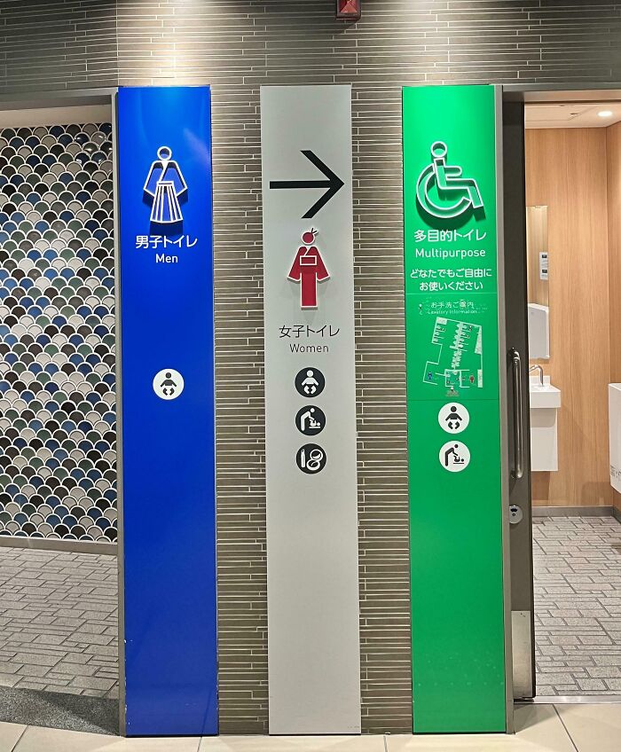 Restroom signs in Japan showing options for men, women, and multipurpose use.