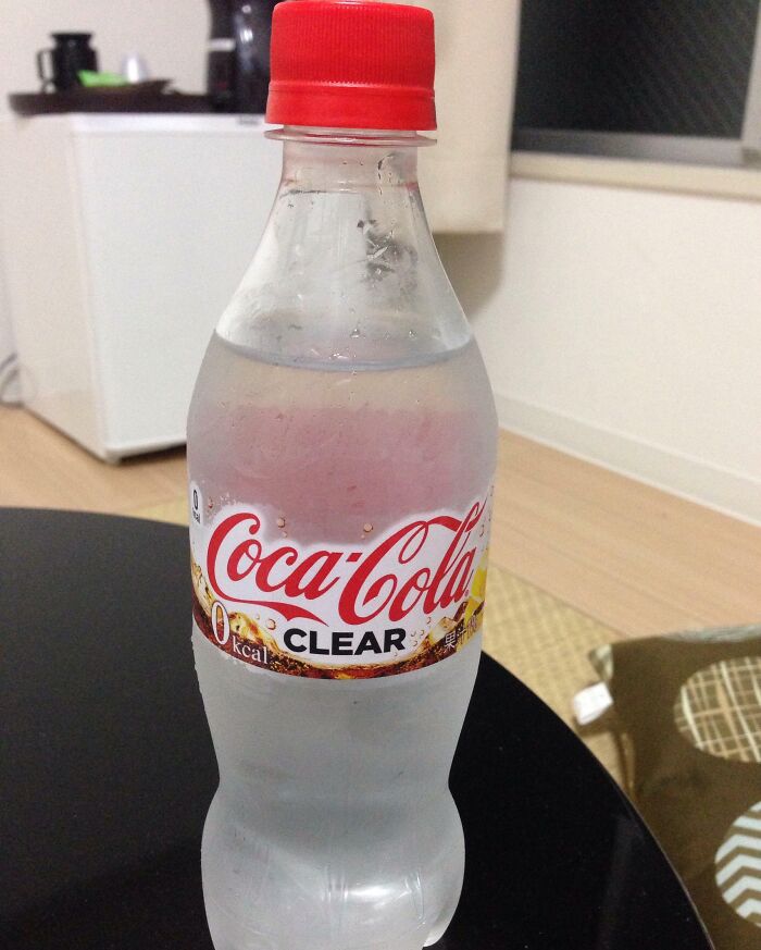 Coca-Cola Clear bottle on a table, showcasing an interesting Japan beverage product.