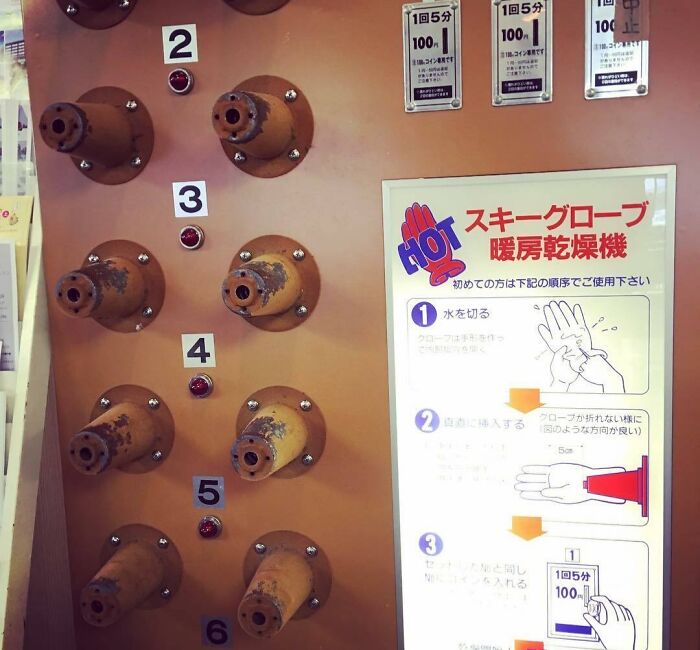Striking Japanese glove dryer with rusted nozzles and instructions showcasing interesting Japan pics.
