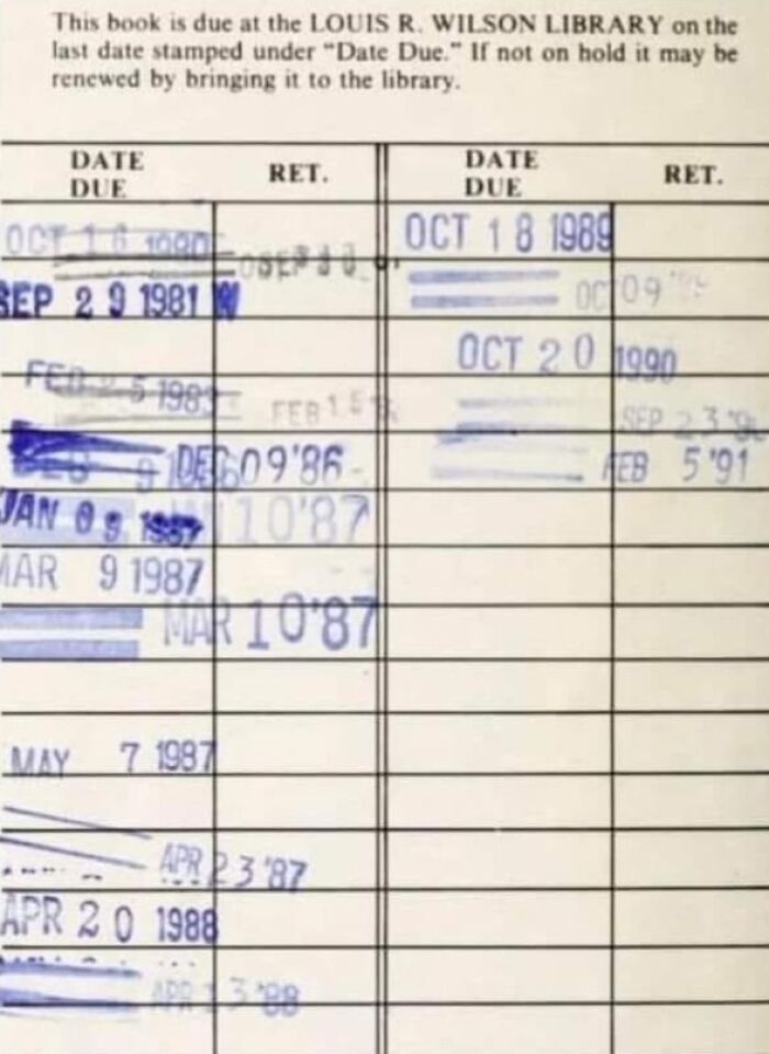 Library card with stamped dates, showcasing old-school items memories from book checkouts in the 1980s and 1990s.