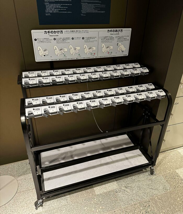 Key locker system in Japan with instructions displayed above, showcasing unique and interesting storage solutions.