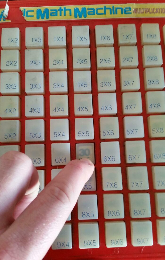 Finger pressing button on a vintage math multiplication machine; evokes old-school item memories.