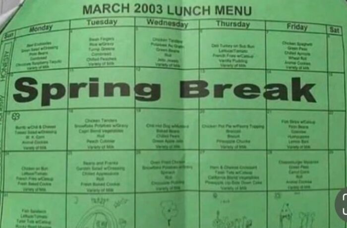 March 2003 school lunch menu, evoking old-school memories with classic meals listed before Spring Break.