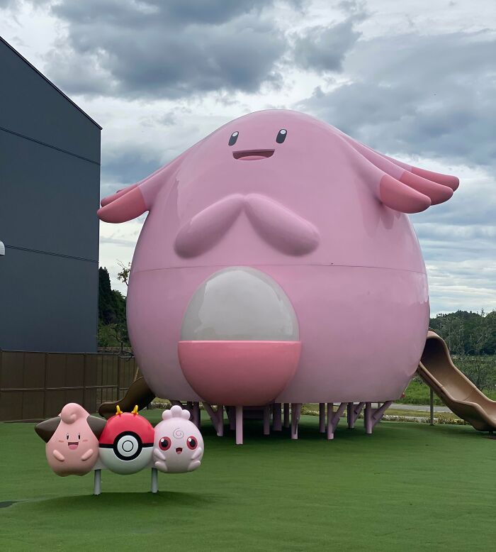 Large pink Pokémon-themed playground structure in Japan, highlighting Interesting-Japan-Pics.