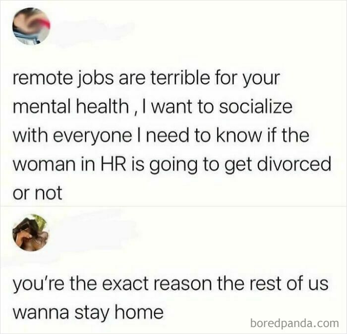 Text exchange showcasing weaponized words about remote jobs and socializing.