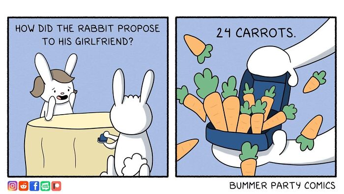 A witty comic showing a rabbit proposing to his girlfriend with 24 carrots.