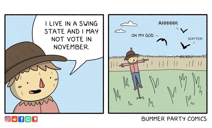 Witty comic featuring a humorous scarecrow joke about voting in a swing state and scaring birds.
