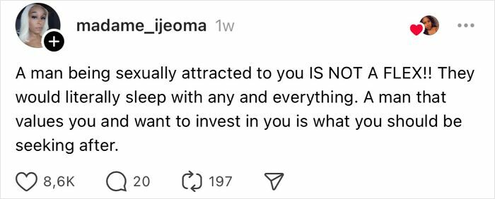 "Social media post advising women over 30 to seek partners who value and invest in them instead of focusing on attraction."