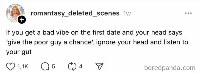 Instagram post sharing dating advice about listening to your gut, related to mistakes women over 30 should avoid.
