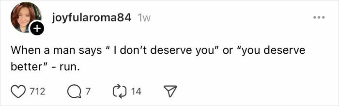 Screenshot of a social media post by joyfularoma84 about common relationship mistakes women over 30 should avoid.