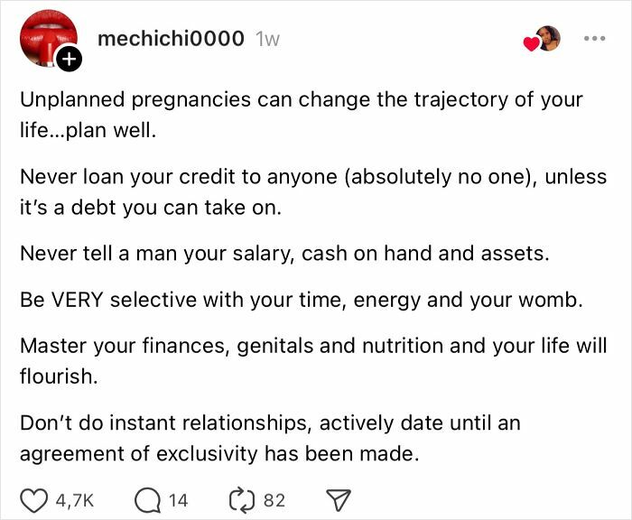 Text with advice from women over 30 on top mistakes, covering planning, credit, finances, and relationships.