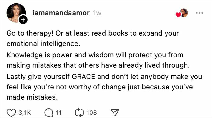 Woman shares advice on avoiding mistakes through therapy and emotional intelligence on social media.