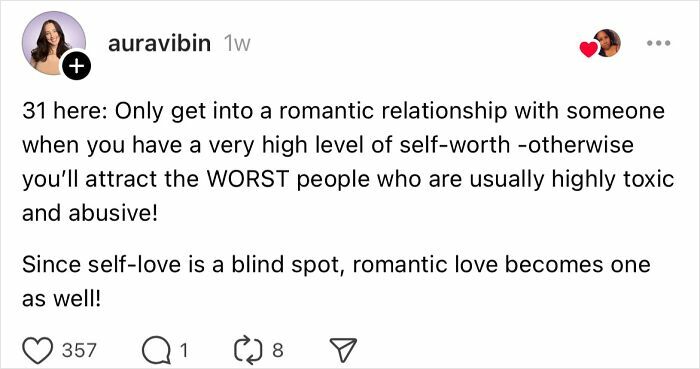 Social media post about relationship advice and avoiding mistakes, focusing on self-worth and toxic partners.