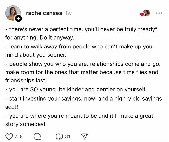 Text image listing advice from women over 30 on avoiding common life mistakes, focusing on relationships and self-investment.