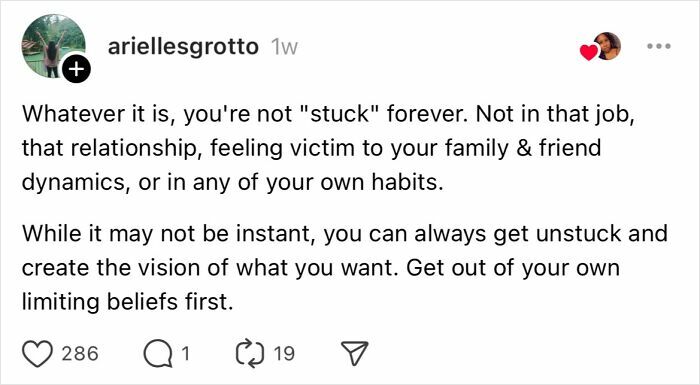 Social media post discussing overcoming common mistakes and breaking free from limiting beliefs.