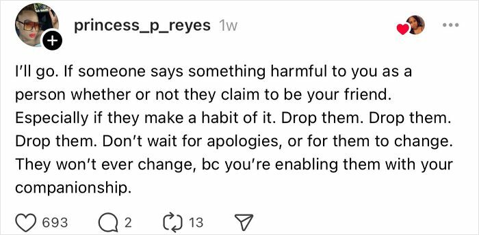 Instagram post by user sharing advice about avoiding unhealthy relationships, with engagement statistics below.