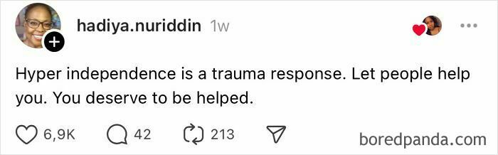 "Social media post discussing hyper independence as a common mistake women over 30 made, advising to accept help."