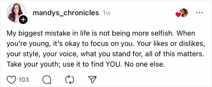 Instagram post by mandys_chronicles discusses mistakes women over 30 made, emphasizing the importance of self-focus in youth.