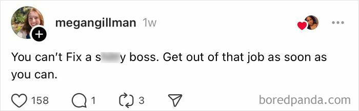 "Social media post discussing mistakes women over 30 make in jobs with difficult bosses."