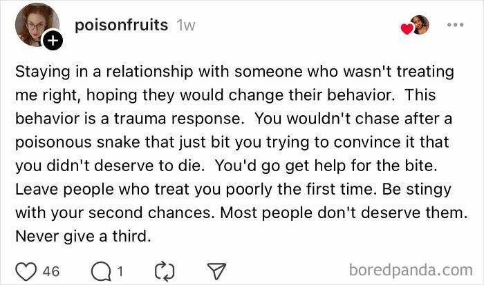 Text screenshot from social media about relationship mistakes and trauma responses.