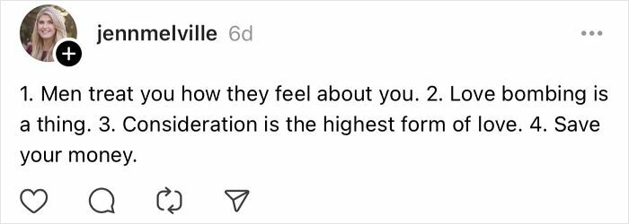 Instagram post with advice on mistakes to avoid, like love bombing and saving money.