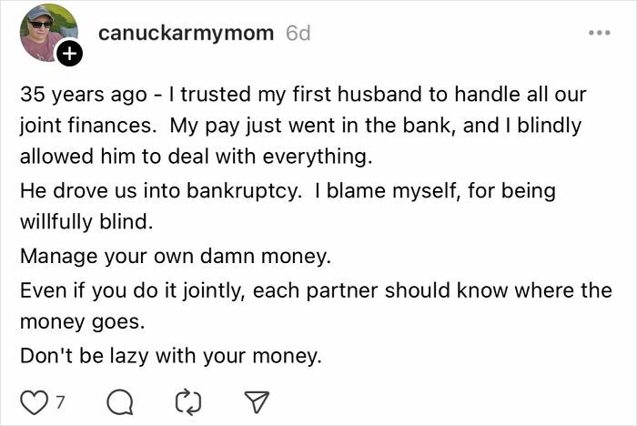 A woman's lesson on finances over 30 years: manage your own money to avoid mistakes.