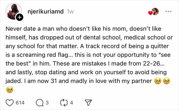 Instagram post sharing advice on dating mistakes from women over 30 to help others avoid similar errors.