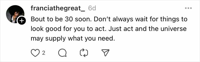 Instagram post by franciathegreat_ about acting without waiting, reflecting on mistakes women over 30 should avoid.