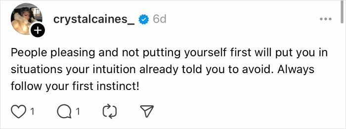 Text post about avoiding mistakes by trusting intuition and not people-pleasing.