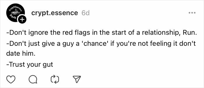 Instagram post by crypt.essence sharing relationship advice for women over 30 to avoid common mistakes.