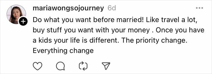 Instagram comment discussing life changes and priorities for women over 30 before marriage.