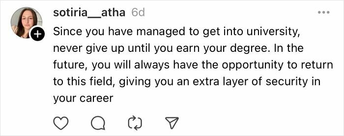 Text post by sotiria__atha on education advice and career security.