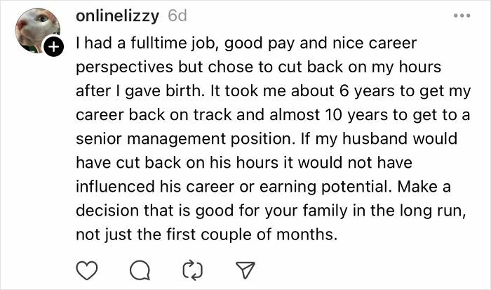 Instagram comment about career challenges after maternity leave and the importance of balanced decisions for family roles.