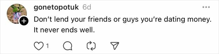 Instagram post discussing common mistakes women over 30 make, warning against lending money to friends or dating partners.