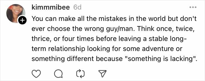 Text post discussing relationship mistakes over 30, advising caution before leaving a stable long-term relationship.