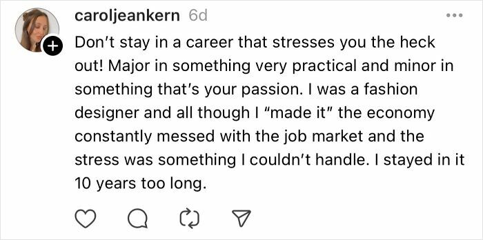 "Advice from a woman over 30 on career mistakes, emphasizing stress management and job market realities in a social media post."