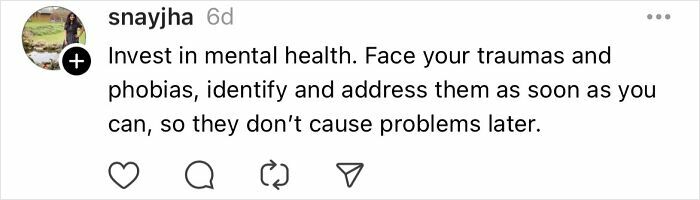 Instagram post advising women over 30 to invest in mental health and address traumas early to avoid future issues.